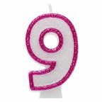 Extreme macro close-up of Pink Number 9 Candle showing glitter border and pearlescent wax texture