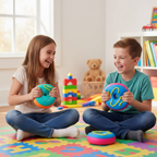 Two children laughing and squishing Scrunchems Donut Squishy toys together in playroom