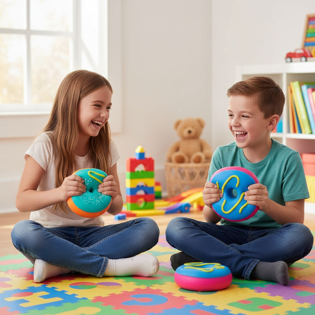 Two children laughing and squishing Scrunchems Donut Squishy toys together in playroom