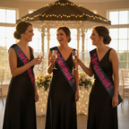 Three bridesmaids wearing black satin sashes with hot pink foil Bridesmaid lettering, laughing and toasting champagne at a wedding reception