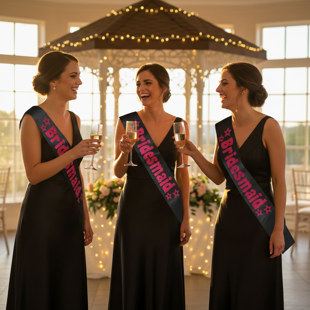 Three bridesmaids wearing black satin sashes with hot pink foil Bridesmaid lettering, laughing and toasting champagne at a wedding reception