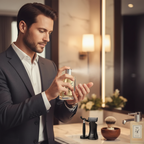 Stylish man applying D&M Immortal EDT spray in luxury grooming setting