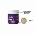 La Riche Directions Violet Hair Dye 88ml jar beside a £1 coin showing product size, flat lay on white background