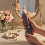 Elegant hands holding Chique 75ml body spray at a luxury dressing table with flowers and jewellery