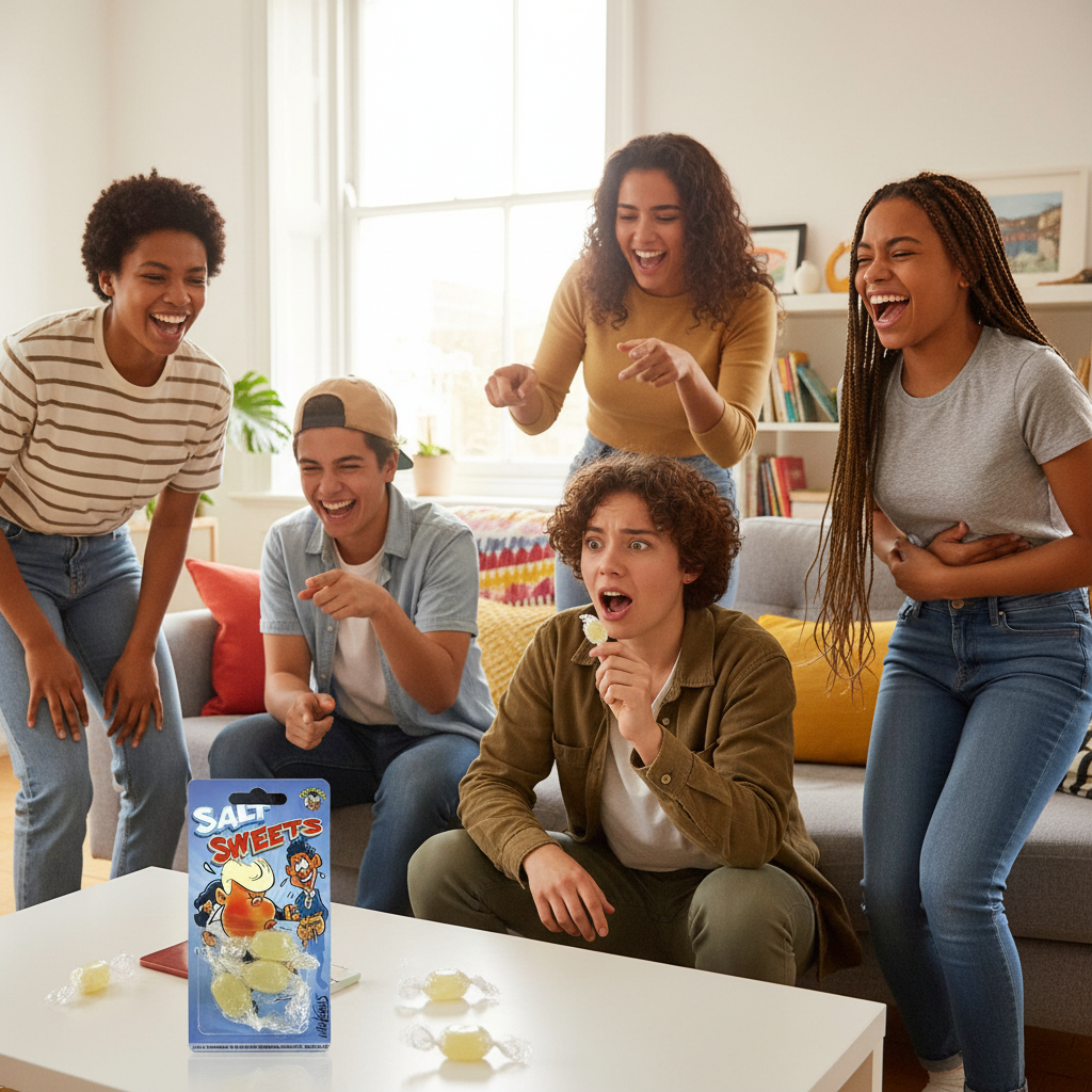 Group of teenagers laughing after a prank with Joke Salt Sweets Pack of 3 novelty salty candy