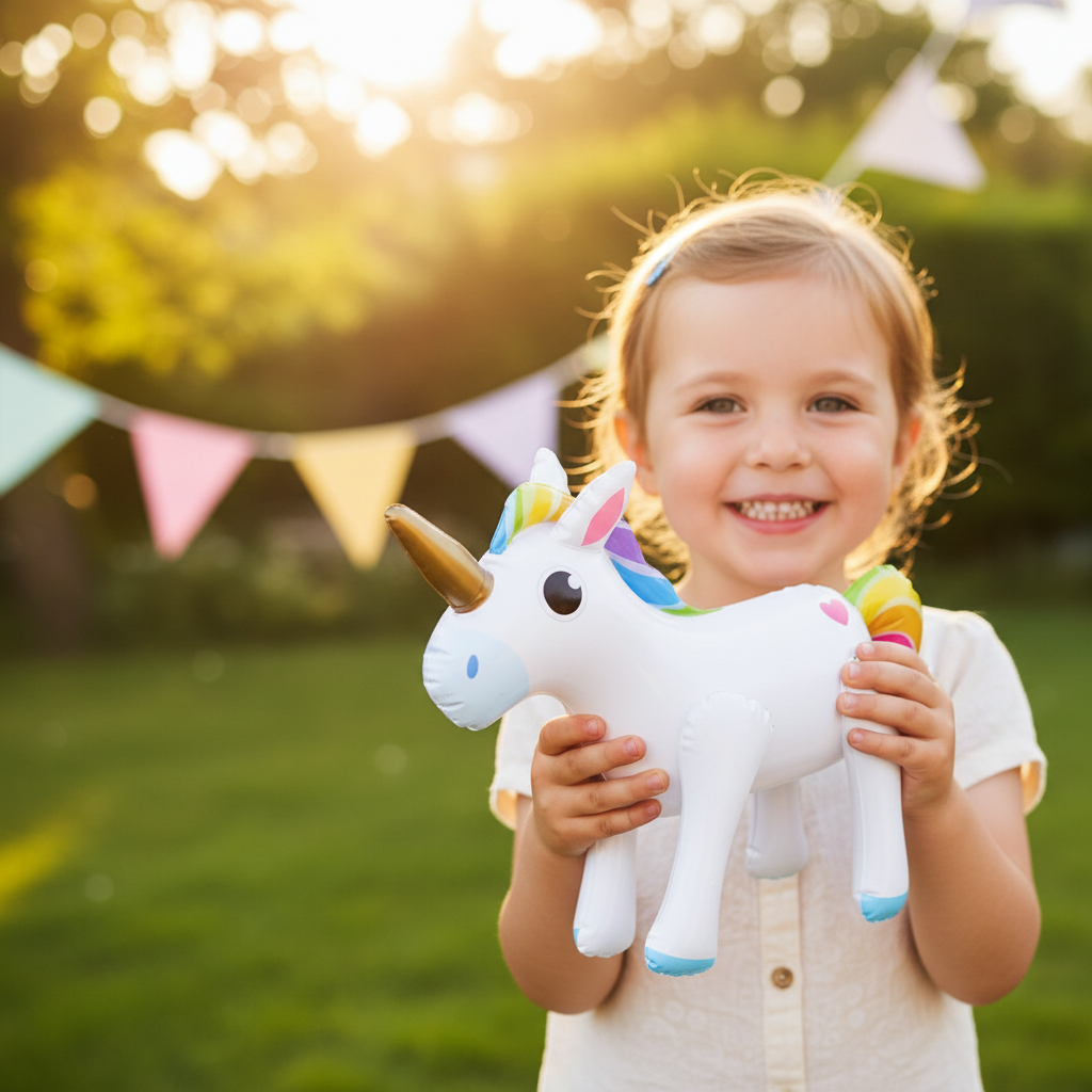Child at a sunny garden party playing with an inflatable unicorn 53x35cm