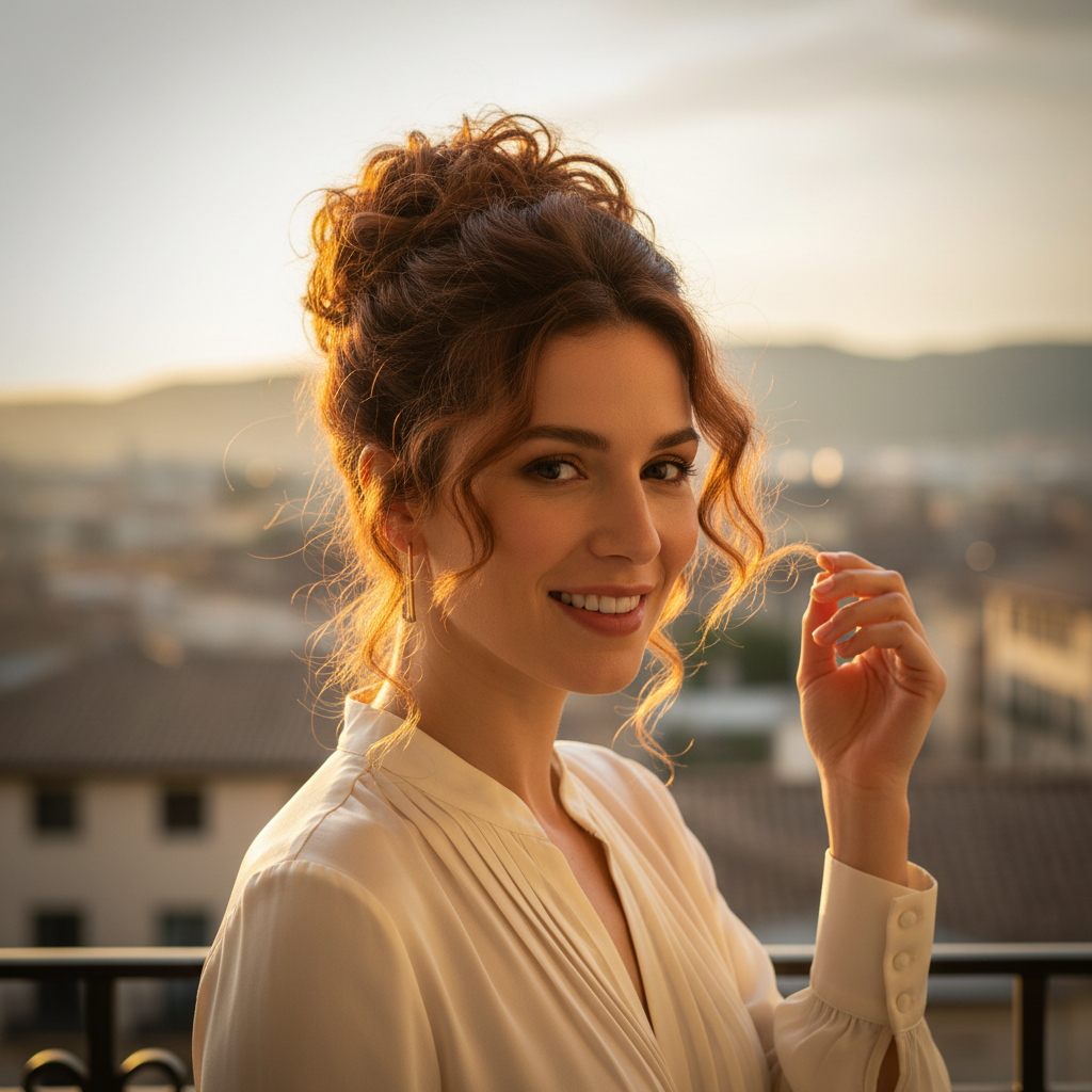 Confident woman with beautiful warm auburn copper curly updo hair bun shade 33/30 Sunrose in golden hour light, aspirational lifestyle scene