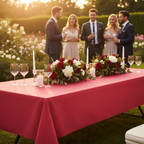 Elegant outdoor garden wedding reception table draped with a ruby red plastic table cover