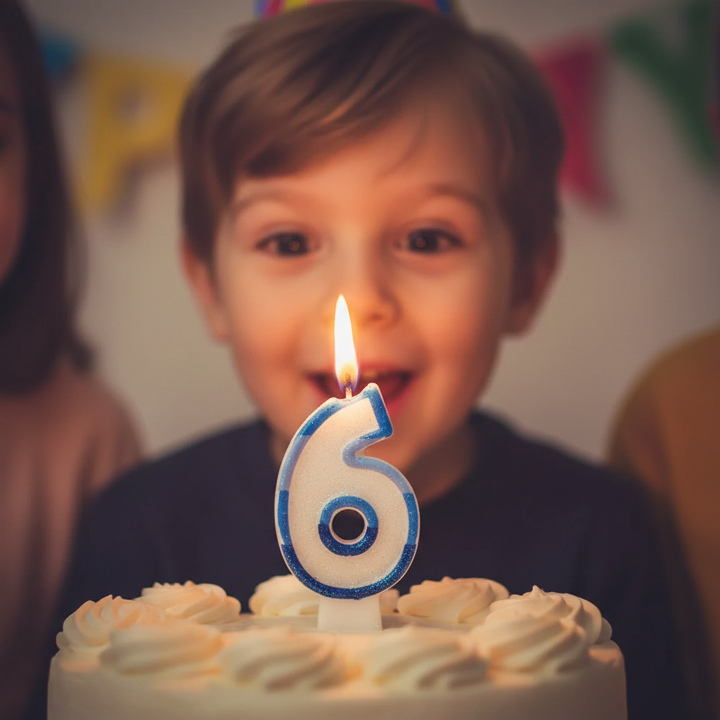 Child's face illuminated by the glow of a lit blue number 6 birthday candle, eyes wide with excitement making a birthday wish