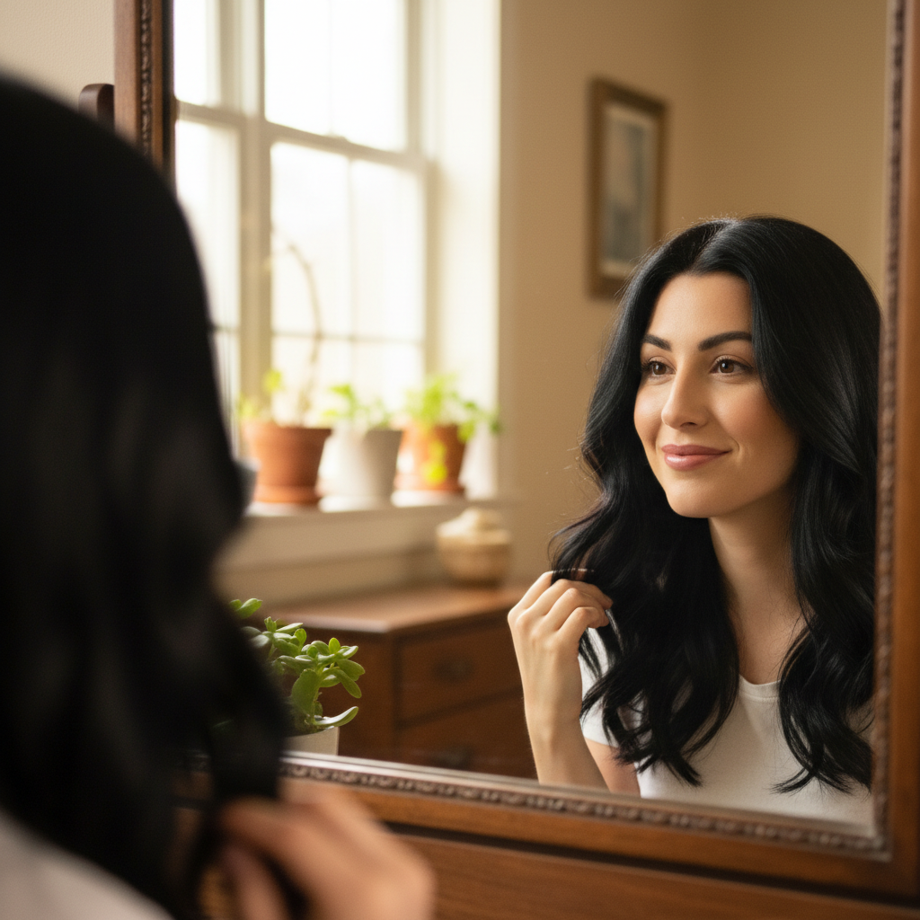 Woman admiring her rich glossy jet black hair in a mirror, warm natural light, satisfied expression