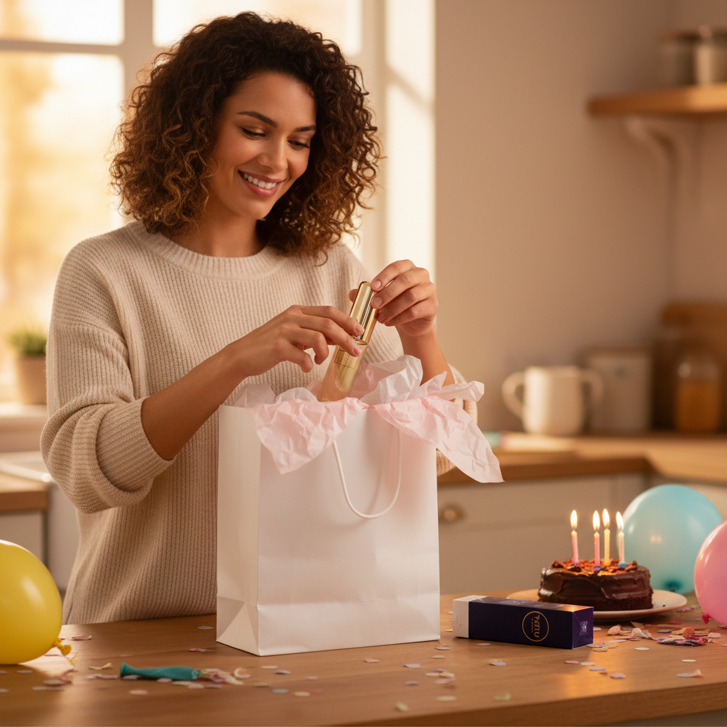 Woman placing Tutu Woman perfume into a gift bag with birthday decorations