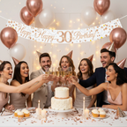 30th birthday party celebration with Sparkling Fizz banner, friends toasting with champagne