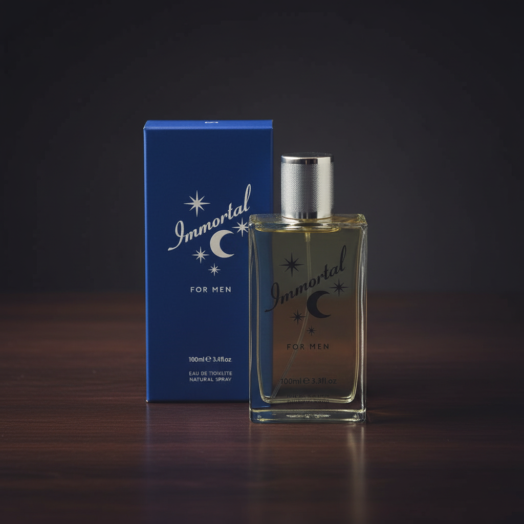 D&M Fragrances Mens Immortal 100ml EDT Spray bottle on dark wood surface luxury presentation