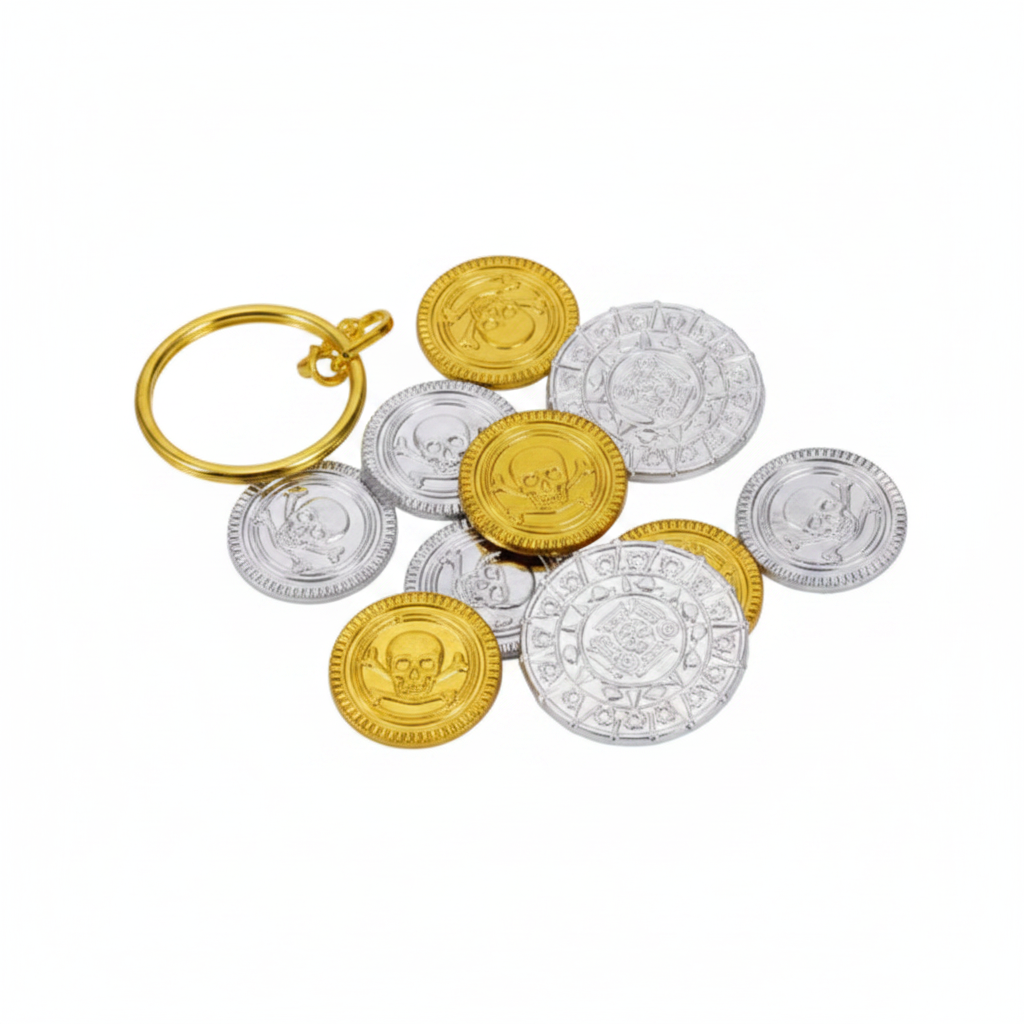 Scattered gold and silver pirate treasure coins on white background