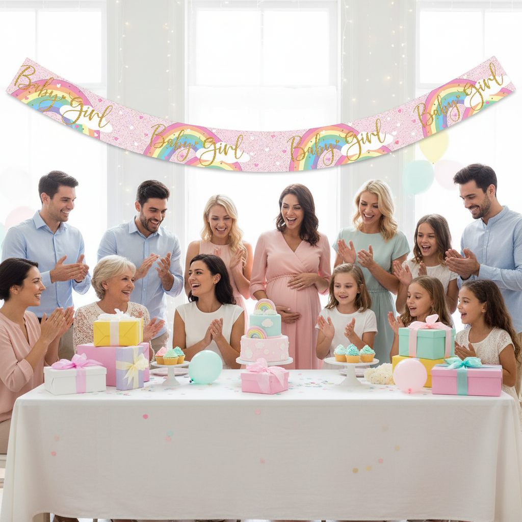 Baby girl shower celebration with pastel rainbow banner displayed above party table with guests