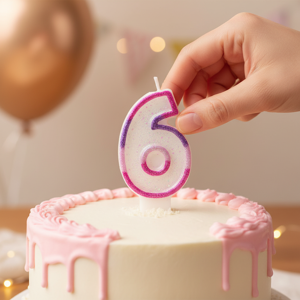 Hand placing pink glitter number 6 birthday candle onto white birthday cake, candid lifestyle moment with bokeh background