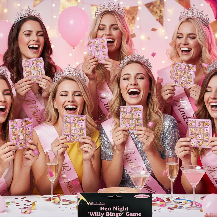 Hen party group laughing and holding bingo cards from the Hen Party Willy Bingo Game – Why Not Shop