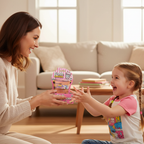 Smiling mum gifting the Giggletastic Boba Slime Stack Toy to her excited young daughter in a cosy living room