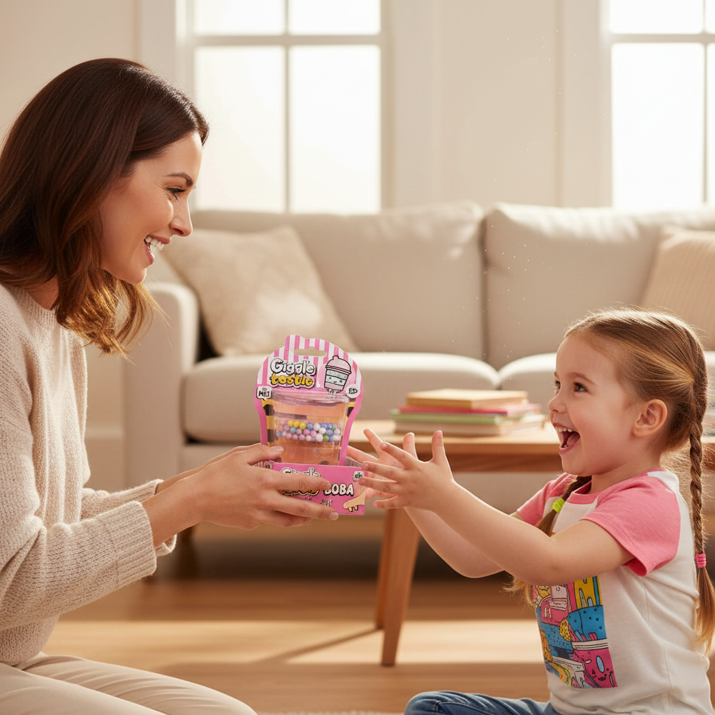 Smiling mum gifting the Giggletastic Boba Slime Stack Toy to her excited young daughter in a cosy living room