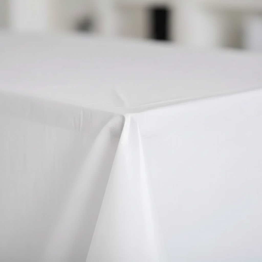 Extreme close-up macro shot of white plastic tablecloth surface showing smooth glossy material quality and drape