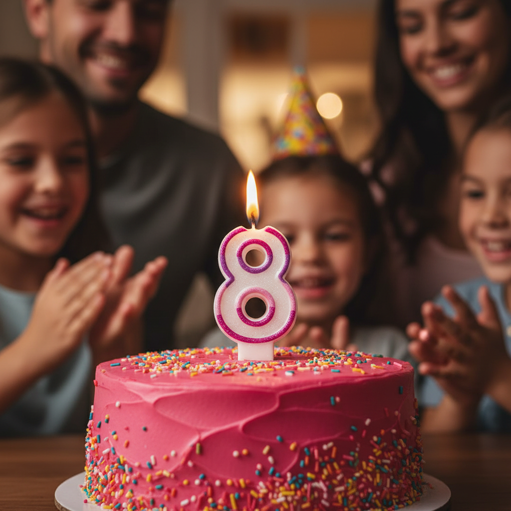 Lit Pink Number 8 Birthday Candle burning on celebration cake surrounded by family