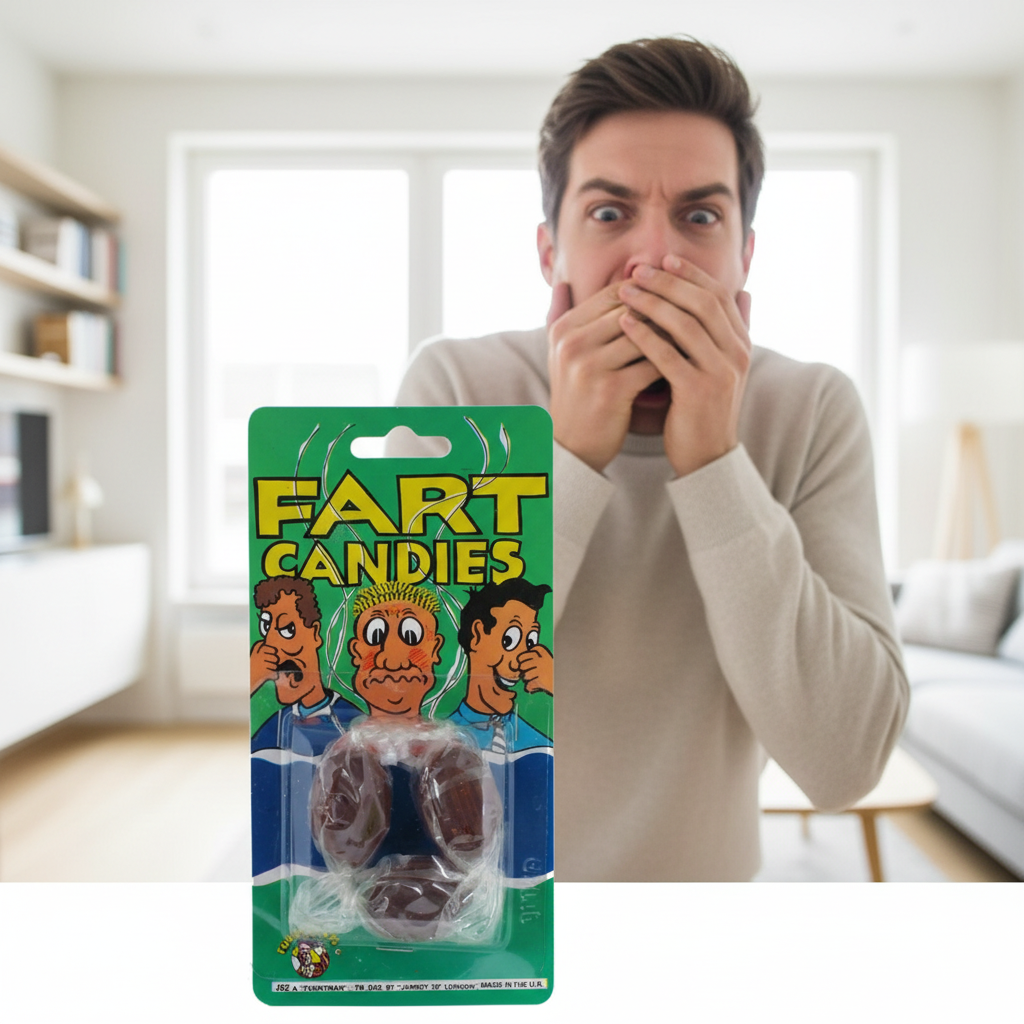 Person reacting with comic disgust holding nose with Funnyman Fart Candies packaging visible in foreground
