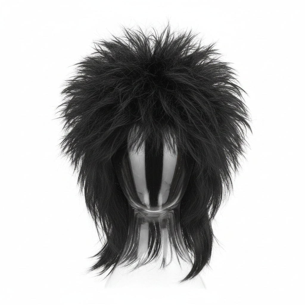 Unisex black 80s rockstar wig on pure white background, studio hero shot