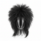 Unisex black 80s rockstar wig on pure white background, studio hero shot
