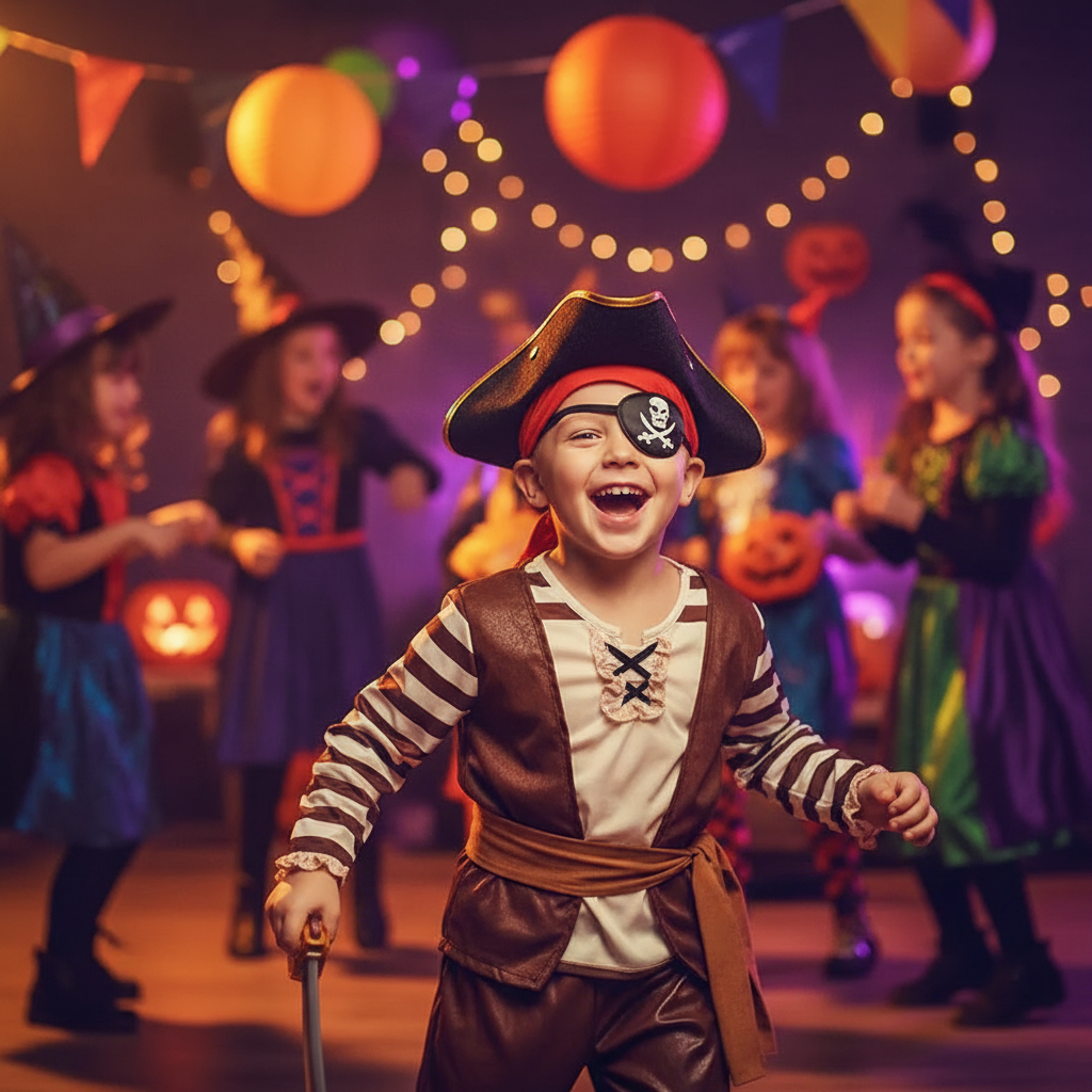Child wearing satin pirate eye patch at Halloween party - fun costume accessory for kids and adults