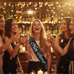 Bride-to-be wearing black satin diamante hen party sash celebrating with bridesmaids at a glamorous bar