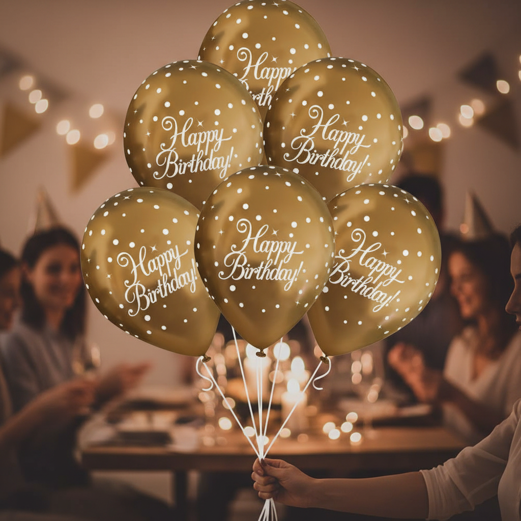 Woman holding strings of six gold sparkling fizz Happy Birthday balloons at a birthday party celebration