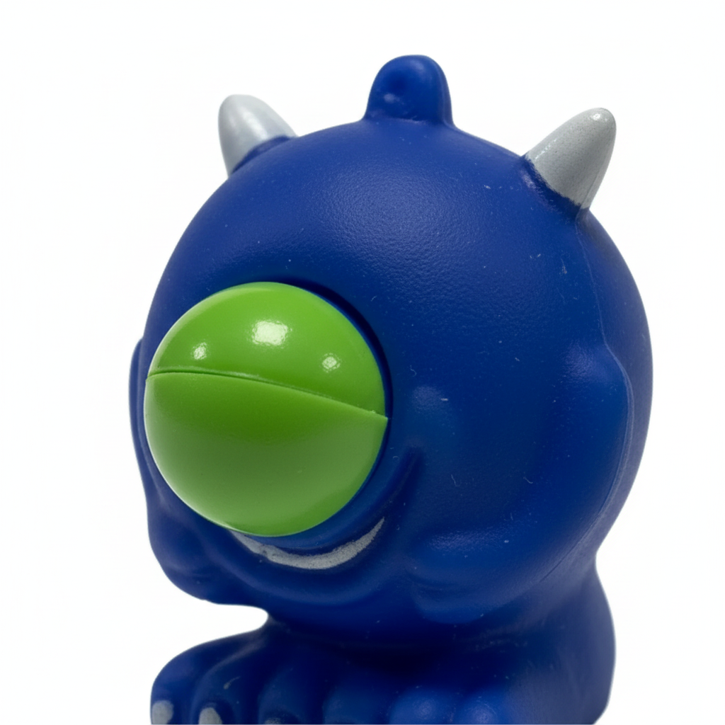 Extreme macro close up of cobalt blue Google Eyed Squeeze Monster showing soft rubber texture and detail