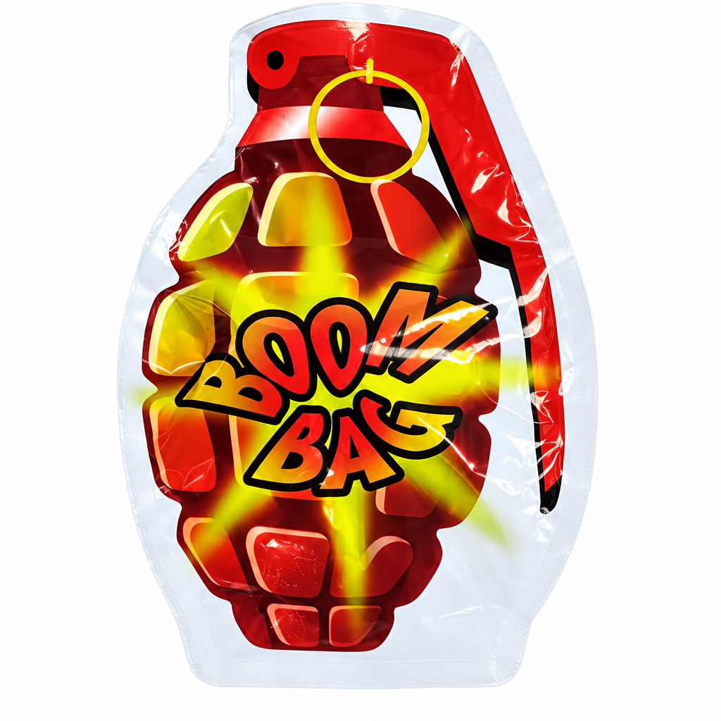 Close-up of a red Boom Bag showing yellow and red printing and its white sealed edge