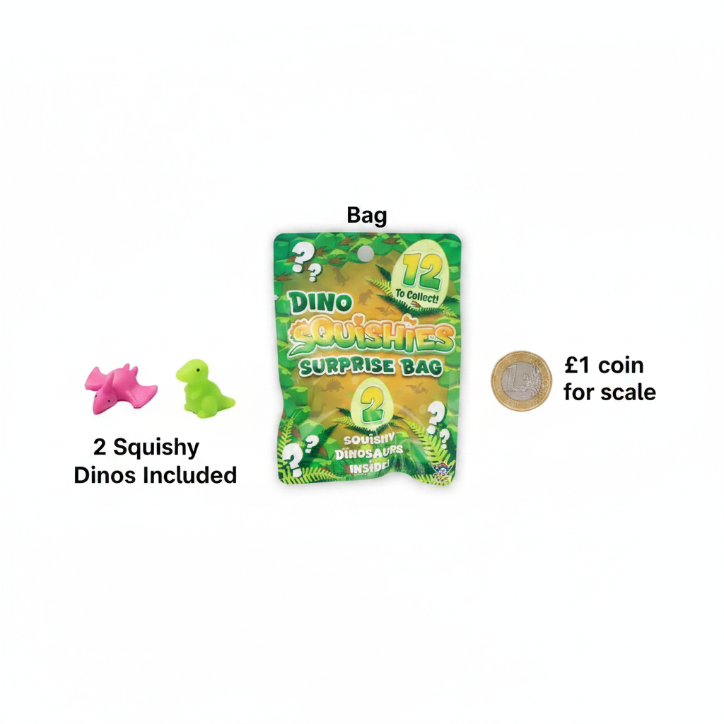 Flat lay of Dino Squishies Surprise Bag with lime green and pink squishy dinosaurs beside a £1 coin showing product scale on white background