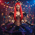 Woman wearing red long straight wig with fringe dancing at a fancy dress party with confetti
