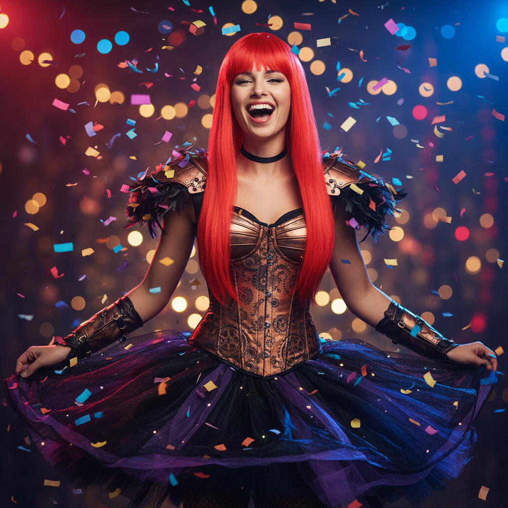 Woman wearing red long straight wig with fringe dancing at a fancy dress party with confetti