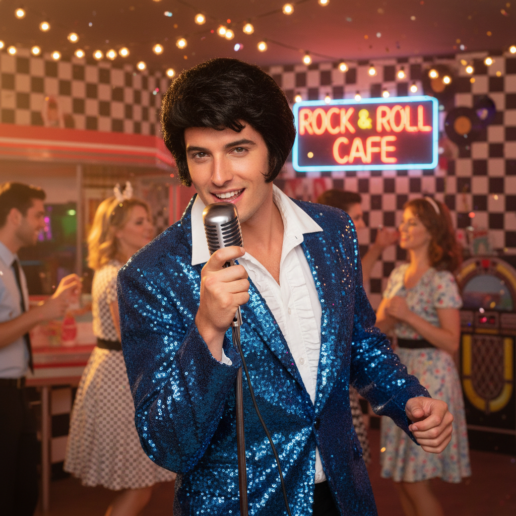 Person wearing Elvis Rock 'n' Roll King wig at retro themed party - shows realistic fit and authentic pompadour style
