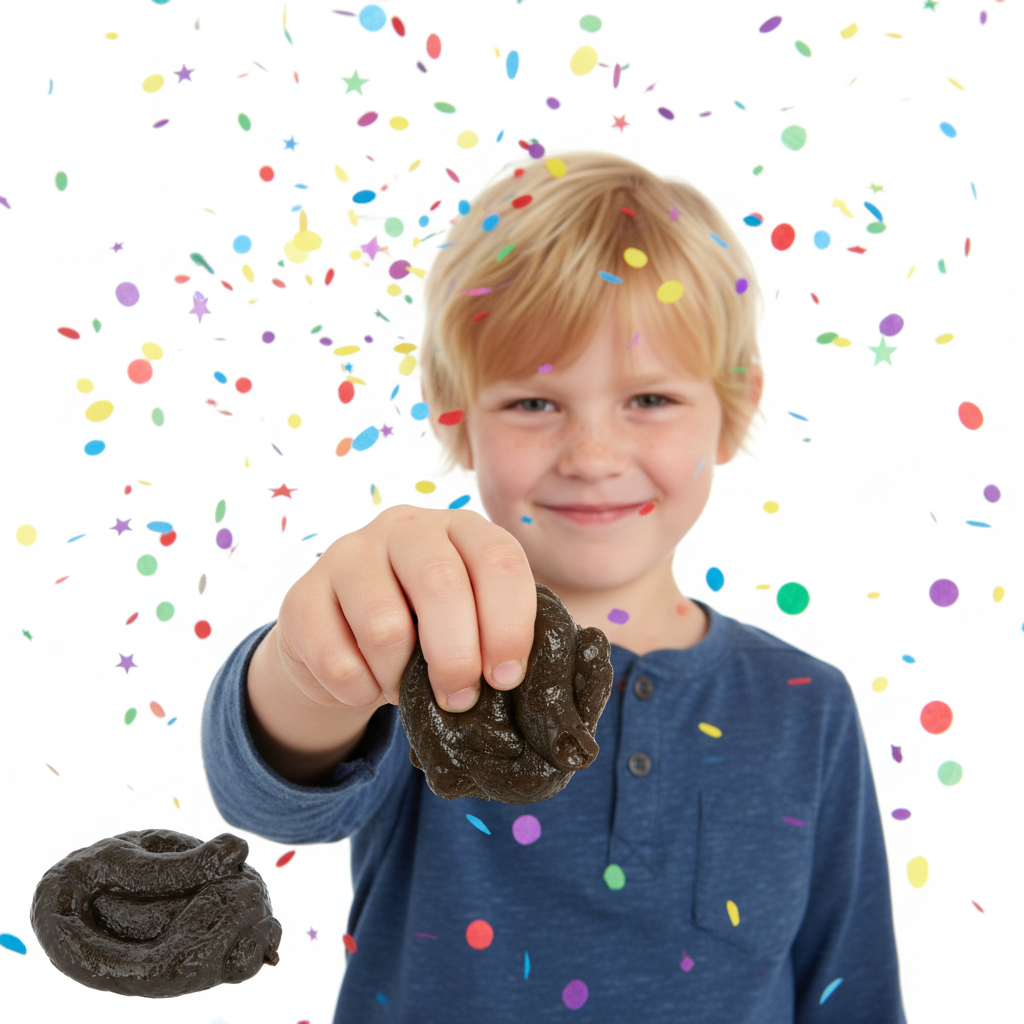 Child holding realistic fake poo novelty joke toy grinning mischievously