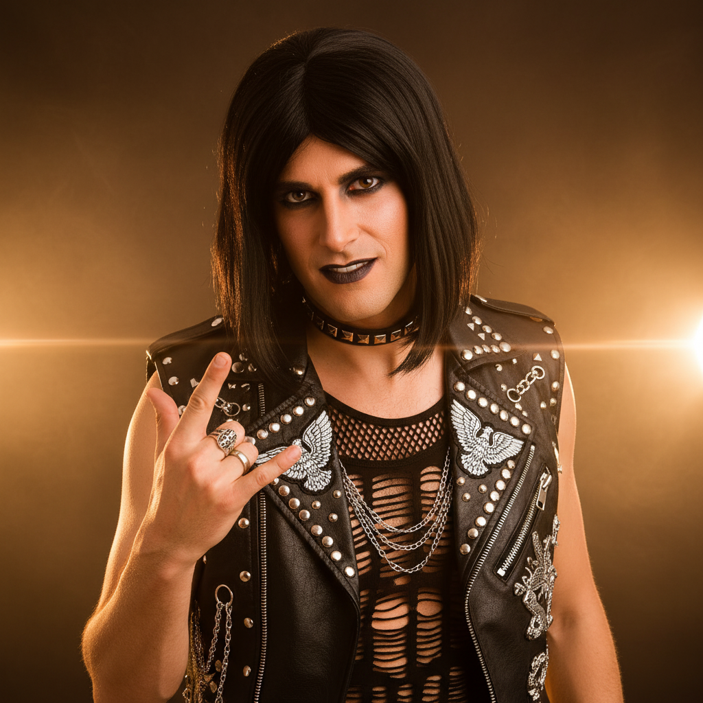 Full rock star transformation wearing black 80s wig in costume