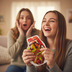 Teenager laughing while pulling pin on HTI Boom Bomb Bag novelty prank with surprised friend in background