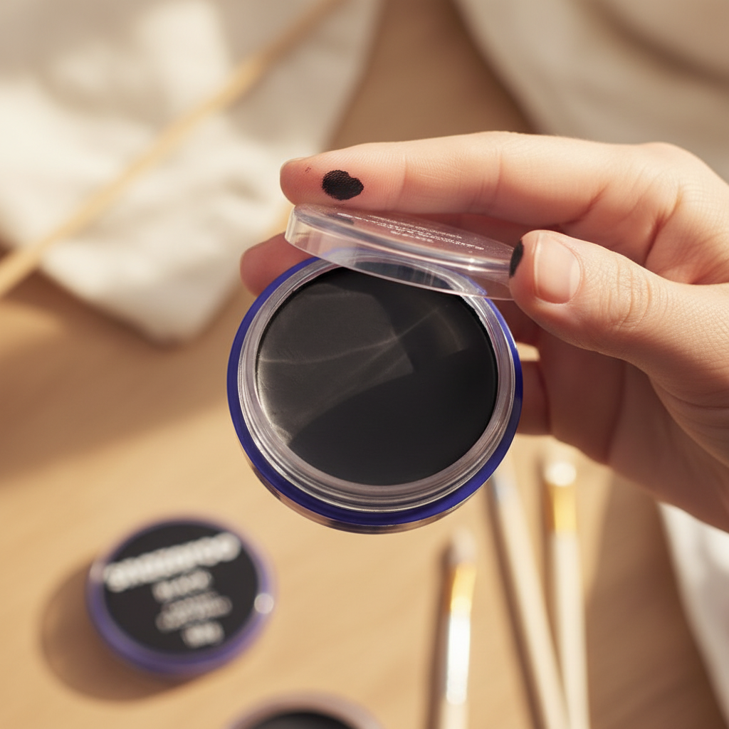 Person holding and opening Snazaroo Classic Black Face Paint 18ml pot, candid lifestyle shot with creamy bokeh background