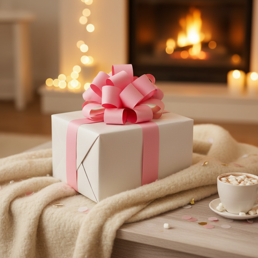 Beautifully finished gift with large light pink pull bow on top, warm celebratory home setting