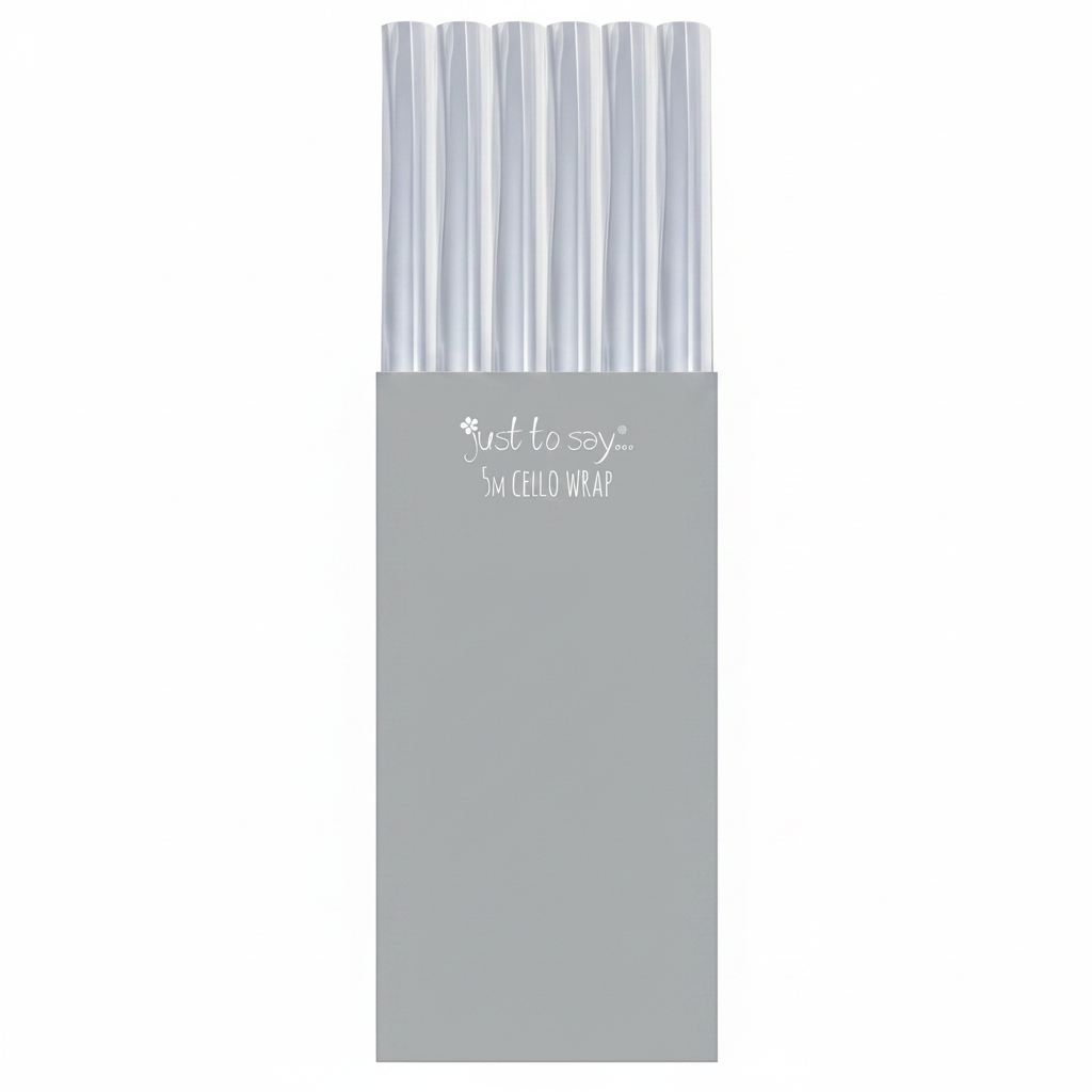 Crystal-clear cellophane wrap 5M roll with grey box packaging on pure white background — Amazon and eBay hero shot