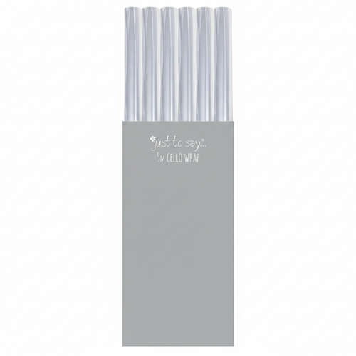 Crystal-clear cellophane wrap 5M roll with grey box packaging on pure white background — Amazon and eBay hero shot