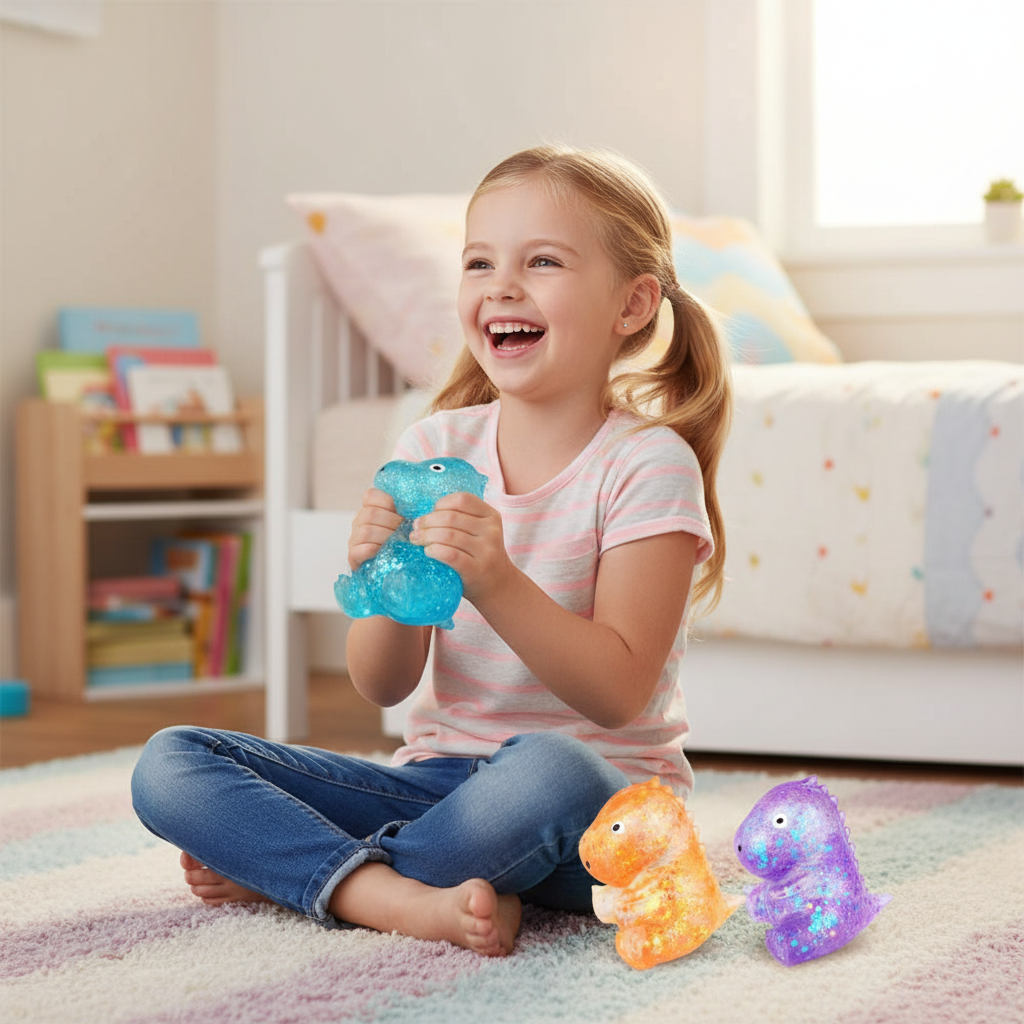 Delighted girl squeezing a blue Stretch and Squeeze Dinosaur Gel Toy on a pastel bedroom rug with other coloured dinos beside her