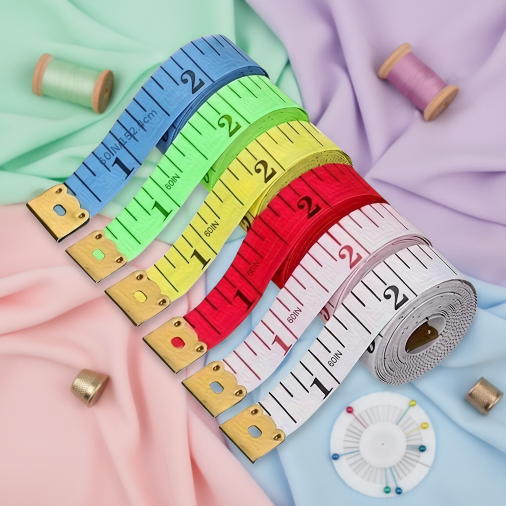 Colourful cloth tape measures displayed on fabric swatches and sewing notions background
