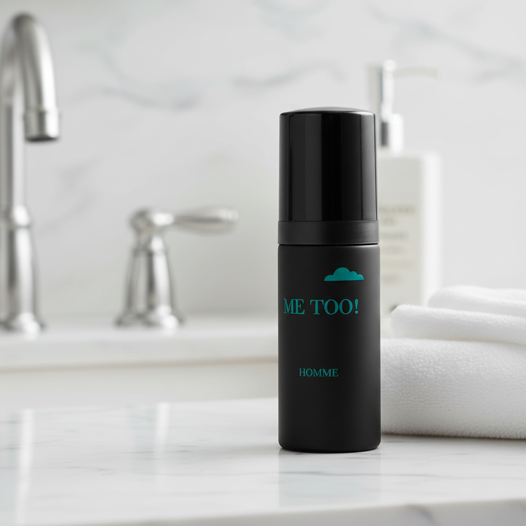 Milton Lloyd Me Too Homme 50ml aftershave bottle on marble bathroom counter with luxury fixtures