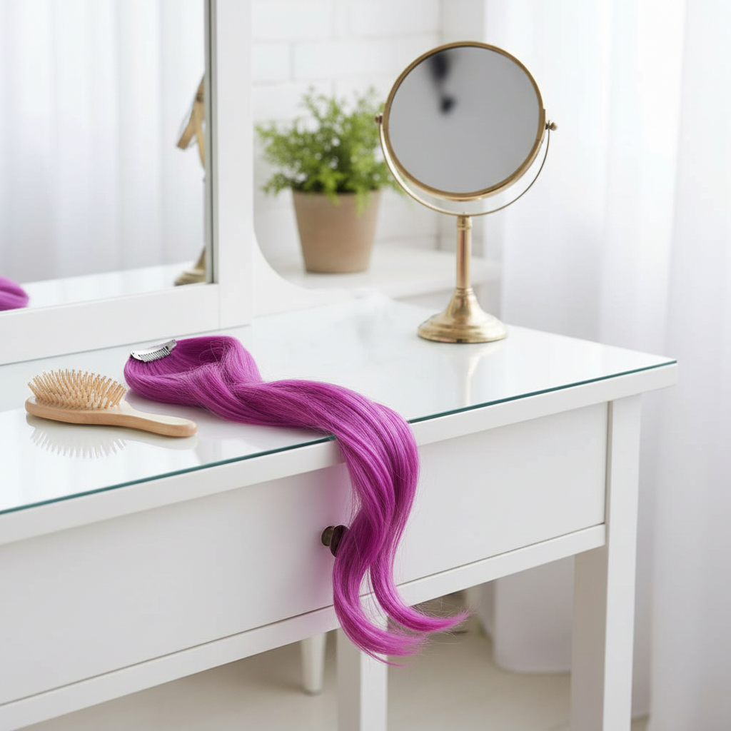 Fuchsia Stargazer hair extension draped on vanity dressing table with natural window light, interior lifestyle shot