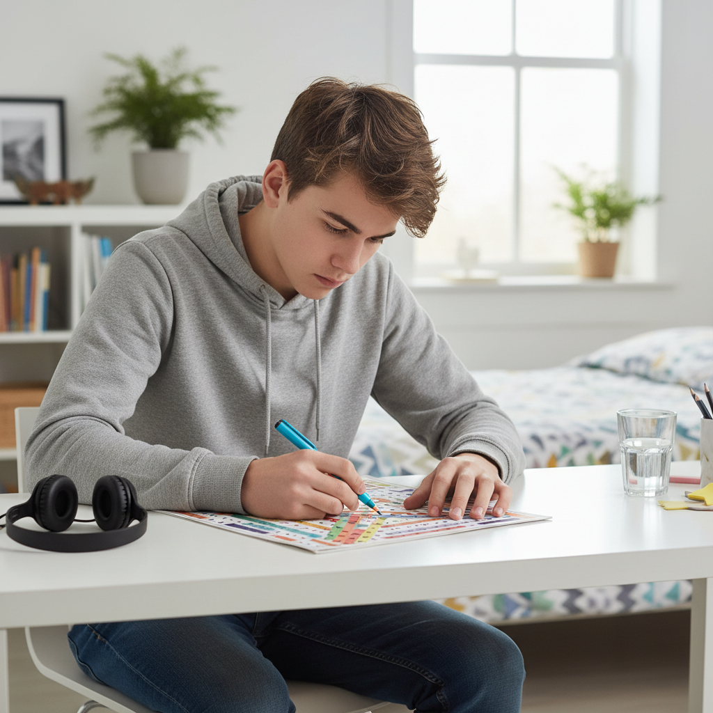 Teenage boy focused on an A4 Bumper Word Search Book at his bedroom desk