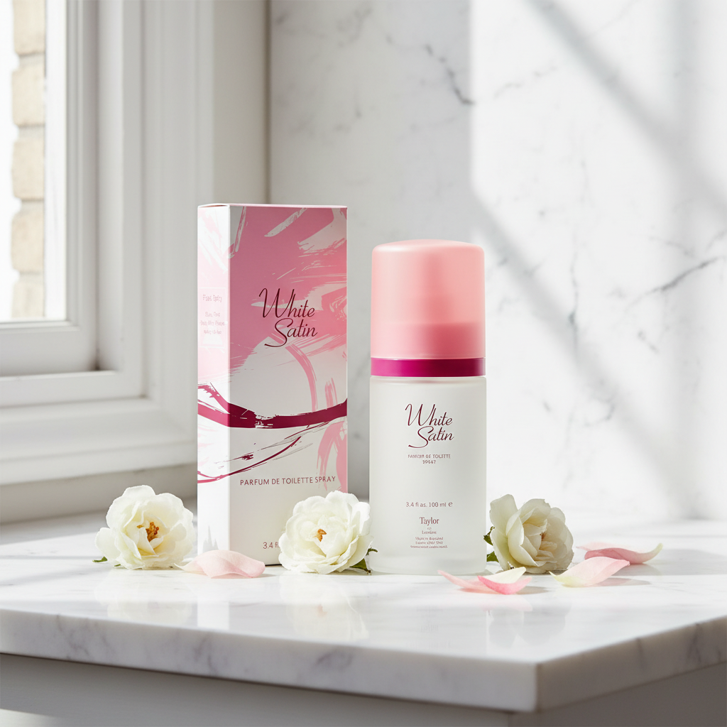 Taylor of London White Satin EDT on white marble vanity with fresh white flowers and pink petals